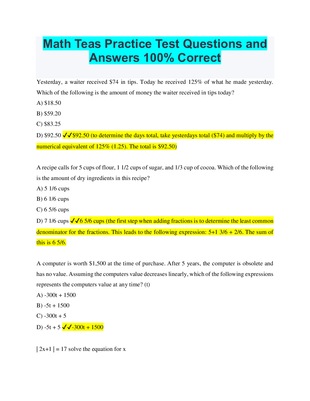 Preview image of Math Teas Practice Test Questions and Answers 100% Correct document